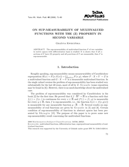 ON SUP-MEASURABILITY of MULTIVALUED FUNCTIONS with the (Z) PROPERTY in SECOND VARIABLE 1. Introduction