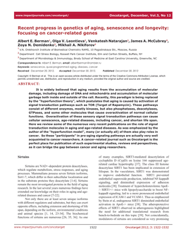 Recent Progress in Genetics of Aging, Senescence and Longevity: Focusing on Cancer-Related Genes