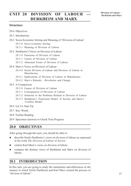 UNIT 20 DIVISION of LABOUR — Durkheim and Marx DURKHEIM and MARX Structure