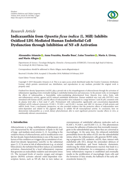 Research Article Indicaxanthin from Opuntia Ficus Indica (L. Mill) Inhibits Oxidized LDL-Mediated Human Endothelial Cell Dysfunction Through Inhibition of NF-Κb Activation