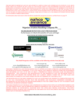 Nigerian Aviation Handling Company Plc RC 30954 N5,000,000,000 BOND ISSUANCE PROGRAMME for the Issuance of a Bond with Maturities of 5 Years and Longer