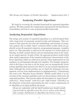 Analysing Parallel Algorithms Analysing Sequential Algorithms
