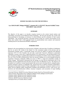 Seismic Hazard Analysis for Montreal