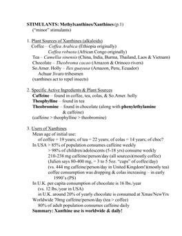 STIMULANTS: Methylxanthines/Xanthines (P.1) (“Minor” Stimulants)