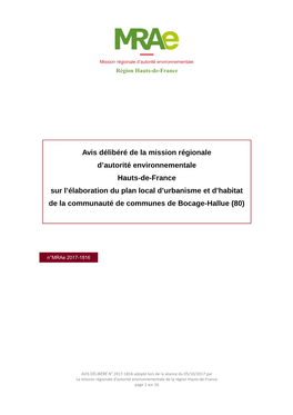 Avis Délibéré De La Mission Régionale D'autorité Environnementale Hauts