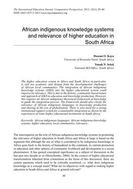 African Indigenous Knowledge Systems and Relevance of Higher Education in South Africa