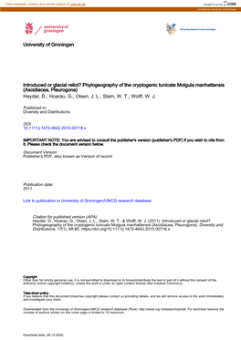 Phylogeography of the Cryptogenic Tunicate Molgula Manhattensis (Ascidiacea, Pleurogona) Haydar, D.; Hoarau, G.; Olsen, J