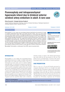 Porencephaly and Intraparenchymal Hyperacute Infarct Due to Bilateral Anterior Cerebral Artery Embolism in Adult: a Rare Case