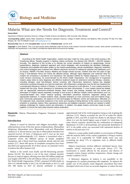 Malaria: What Are the Needs for Diagnosis, Treatment and Control?