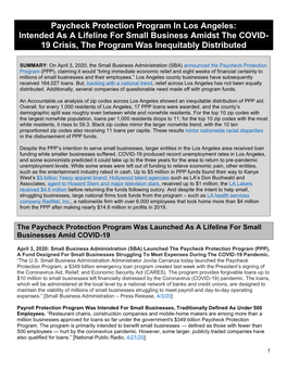 Paycheck Protection Program in Los Angeles: Intended As a Lifeline for Small Business Amidst the COVID- 19 Crisis, the Program Was Inequitably Distributed