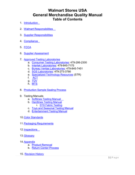 Walmart Stores USA General Merchandise Quality Manual Table of Contents 1