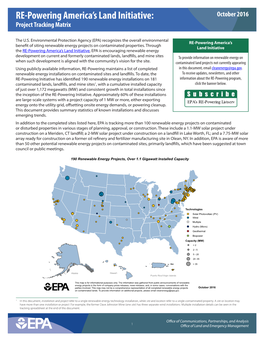 RE-Powering America's Land Initiative: Project Tracking Matrix October