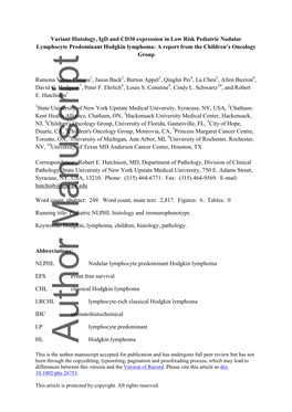 Variant Histology, Igd and CD30 Expression in Low Risk Pediatric Nodular Lymphocyte Predominant Hodgkin Lymphoma: a Report from the Children’S Oncology Group