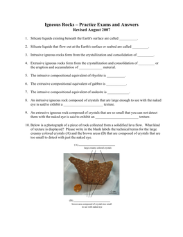 Igneous Rocks – Practice Exams and Answers Revised August 2007