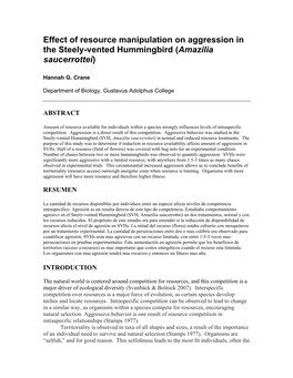 Effect of Resource Manipulation on Aggression in the Steely-Vented Hummingbird (Amazilia Saucerrottei)