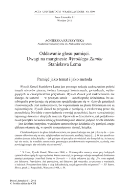 Oddawanie Głosu Pamięci. Uwagi Na Marginesie Wysokiego Zamku Stanisława Lema