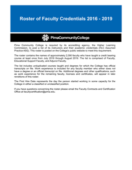 Roster of Faculty Credentials 2016-2019 Page 2 of 237 Educational Support Faculty Name First Hire Date Courses Taught Degree, Major, School