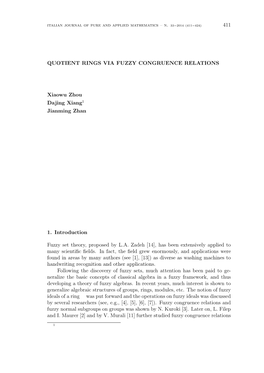 411 Quotient Rings Via Fuzzy Congruence Relations