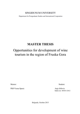 Opportunities for Development of Wine Tourism in the Region of Fruska Gora