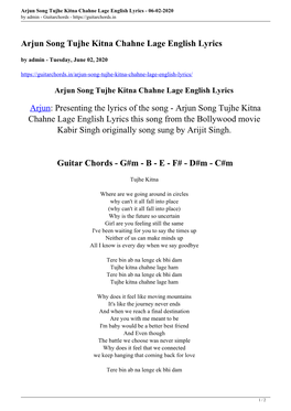 Arjun Song Tujhe Kitna Chahne Lage English Lyrics - 06-02-2020 by Admin - Guitarchords