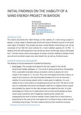 Initial Findings on the Viability of a Wind Energy Project in Baydon