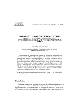 Management Information Systems in Polish Railway Transport in the Context of the Technological and the Organizational Changes