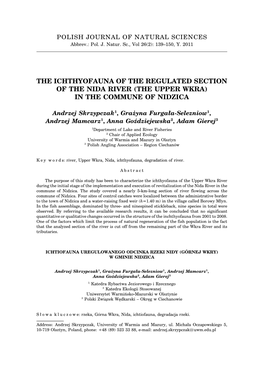 The Ichthyofauna of the Regulated Section of the Nida River (The Upper Wkra) in the Commune of Nidzica