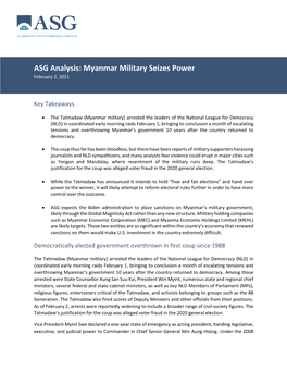 ASG Analysis: Myanmar Military Seizes Power February 2, 2021