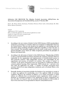 2002/O/410 the Gibraltar Football Association (GFA)/Union Des Associations Européennes De Football (UEFA), Award of 7 October 2003