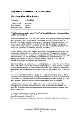 WICKHAM COMMUNITY LAND TRUST Housing Allocation Policy