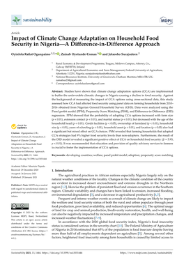 Impact of Climate Change Adaptation on Household Food Security in Nigeria—A Difference-In-Difference Approach