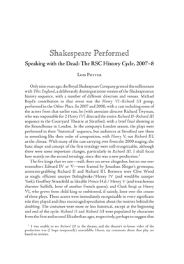 Shakespeare Performed Speaking with the Dead: the RSC History Cycle, 2007–8