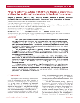 POU2F1 Activity Regulates HOXD10 and HOXD11 Promoting a Proliferative and Invasive Phenotype in Head and Neck Cancer