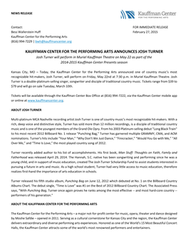 Josh Turner Will Perform in Muriel Kauffman Theatre on May 22 As Part of the 2014-2015 Kauffman Center Presents Season