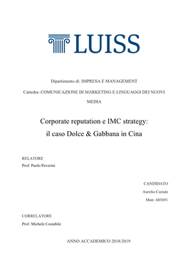 Corporate Reputation E IMC Strategy: Il Caso Dolce & Gabbana in Cina