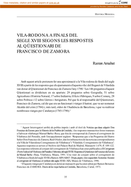 Vila-Rodona a Finals Del Segle Xviii Segons Les Respostes Al Qüestionari De Francisco De Zamora