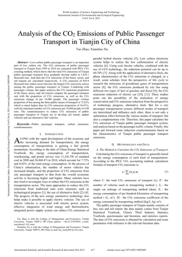 Analysis of the CO2 Emissions of Public Passenger Transport in Tianjin City of China Tao Zhao, Xianshuo Xu
