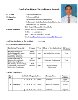 Curriculum Vitae of Dr Mudigonda Sadaiah