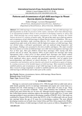 Patterns and Circumstances of Girl Child Marriages in Mount Darwin