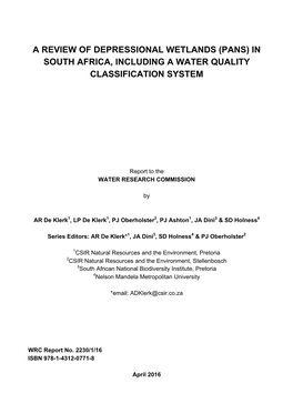 A Review of Depressional Wetlands (Pans) in South Africa, Including a Water Quality Classification System