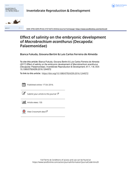 Effect of Salinity on the Embryonic Development of Macrobrachium Acanthurus (Decapoda: Palaemonidae)