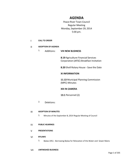 AGENDA Peace River Town Council Regular Meeting Monday, September 29, 2014 5:00 Pm