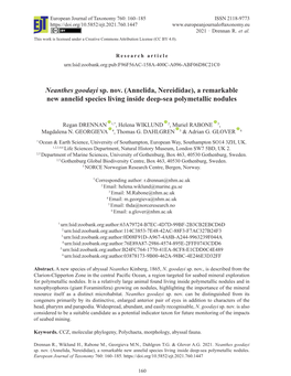 Neanthes Goodayi Sp. Nov. (Annelida, Nereididae), a Remarkable New Annelid Species Living Inside Deep-Sea Polymetallic Nodules