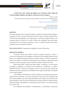 A Renuncia De Jânio Quadros Nas Páginas Dos Jornais Última Hora (Porto Alegre) E a Razão (Santa Maria)