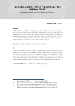 RISING FAR-RIGHT in FRANCE: the EXAMPLE of the NATIONAL FRONT* Fransa’Da Yükselen Aşırı Sağ: Ulusal Cephe Örneği**