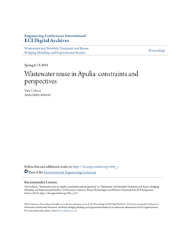 Wastewater Reuse in Apulia: Constraints and Perspectives Vito Colucci Apulia Hydric Authority