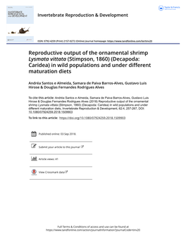 Reproductive Output of the Ornamental Shrimp Lysmata Vittata (Stimpson, 1860) (Decapoda: Caridea) in Wild Populations and Under Different Maturation Diets