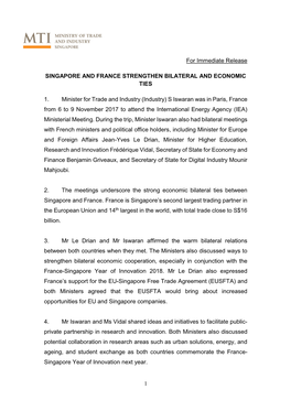 1 for Immediate Release SINGAPORE and FRANCE