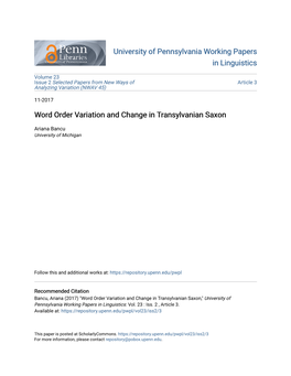 Word Order Variation and Change in Transylvanian Saxon