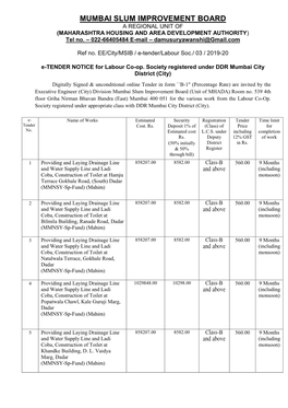 MUMBAI SLUM IMPROVEMENT BOARD a REGIONAL UNIT of (MAHARASHTRA HOUSING and AREA DEVELOPMENT AUTHORITY) Tel No